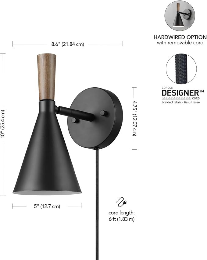 GLOBE Electric 65000101 Plug-in or Hardwire Wall Sconce, Matte Black Finish, Wood-Toned Switch, Metal Shade, 6-Foot Cord, E26 Base, Easy Installation