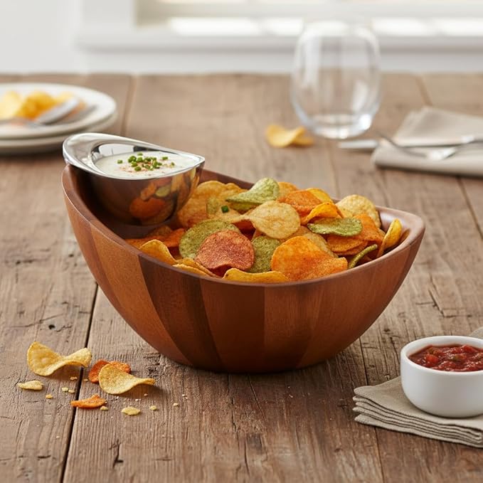 Nambé Harmony Chip & Dip Serving Bowl 12” x 6.5”, Acacia Wood with Removable Dip Dish for Chips & Salsa, Appetizers & Snacks, Party & Entertaining, Kitchen & Dining, Buffet & Snack Bowls