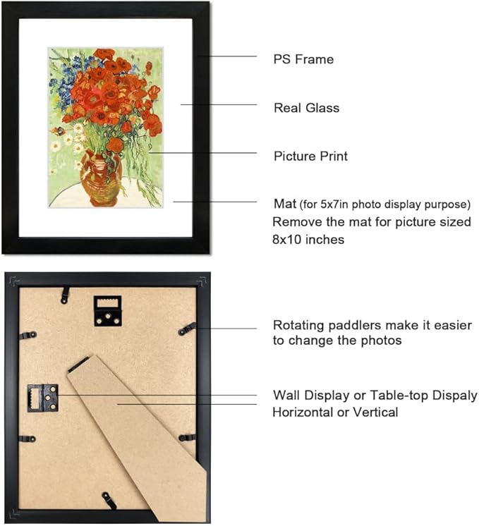 8x10 Picture Frame Set of 6 with Real Glass for Pictures 5x7 with Mat or 8x10 Without Mat, Wall Gallery or Tabletop display Photo Frames in Black