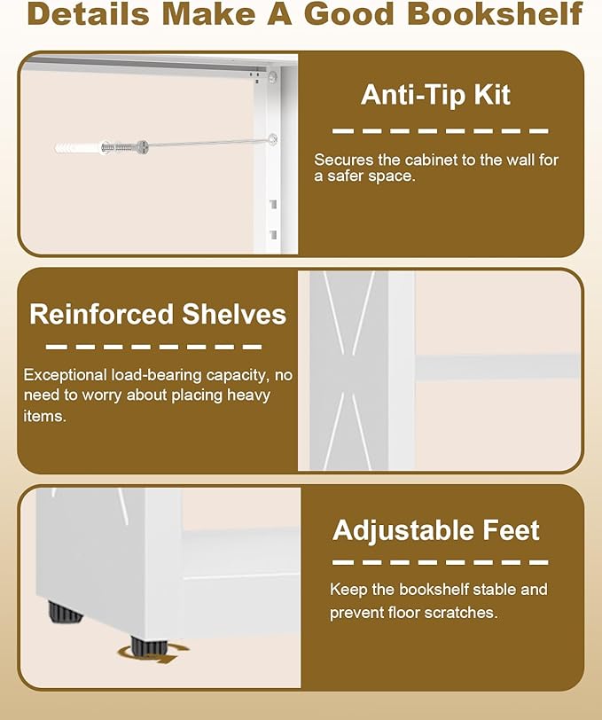 3 Tier Metal Book Shelf, Adjustable Bookcase with Anti-Tip Device & Leveling Feet, Heavy-Duty White Corner Bookshelf for Home Office, Bedroom, Garage