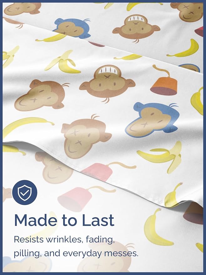 Kids Queen Size Monkey Bed Sheets - 4 Piece Monkey Sheet Set - Cartoon Banana Bedding - Soft, Cute & Cozy - Comfy, Breathable & Machine Washable - Animal Bed Set for Boys, Girls, Teens and Toddlers