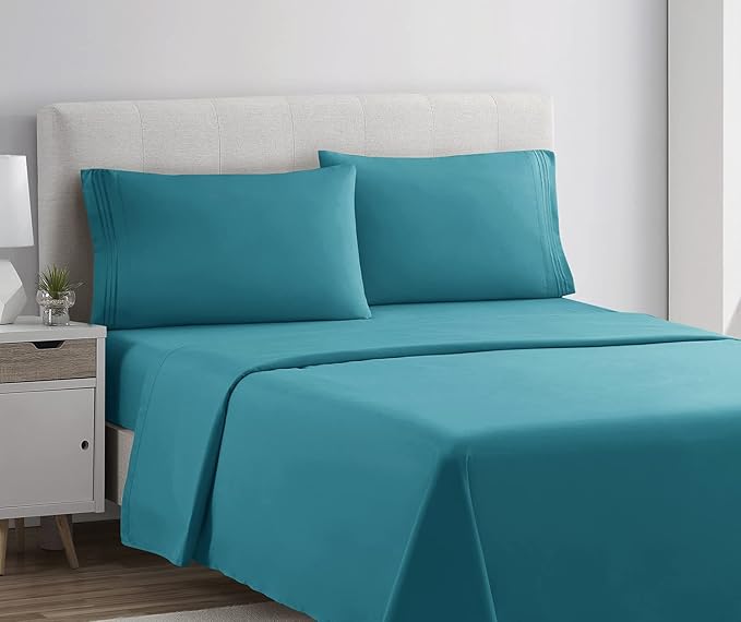 Clara Clark Bed Sheets, Premier 1800 Series 4 Piece Bed Sheet Set, Deep Pocket, Wrinkle, Fade, Stain Resistant, Luxury Soft Bedding Sheets & Pillowcases, Split King, Teal