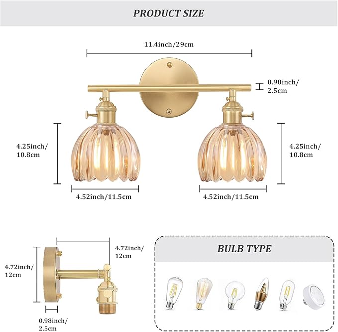 Bathroom Light Fixtures, 2-Light Brass Vanity Wall Light Over Mirror with Amber Tulip Glass Shade for Bedroom Living Room