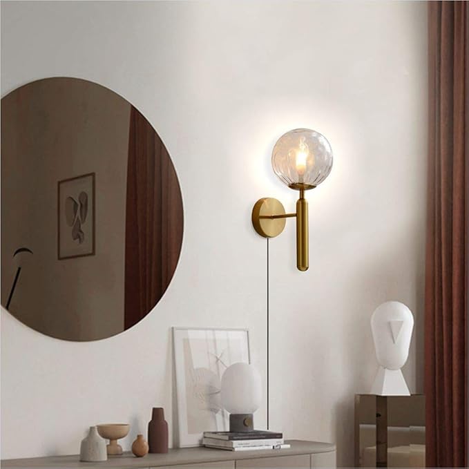 KCO Lighting Plug in Globe Wall Light Vintage Industrial Wall Sconce Lighting Fixture with On/Off Switch, Metal Wall Lamp for Bedroom Living Room Hallway,(Clear Plug in)
