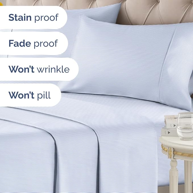 Light Blue and White Striped Sheets - 1 Flat & 1 Fitted Sheet & 2 Pillowcases w/ Deep Pockets - Wrinkle & Fade Resistant - Ultra-Soft, Breathable & Cooling - Luxury Pinstripe Bedding - Full Size