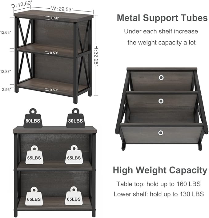 FATORRI Rustic Small 3 Shelf Bookshelf for Living Room, Industrial Low Wood Bookcase, Farmhouse Short Book Shelf for Small Space (Walnut Brown)
