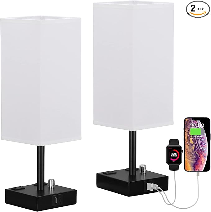 White Fully Dimmable Nightstand Lamps Set of 2 - Table Bedside Lamp with USB C+A Charging Ports & 2 AC Outlets, Square Lamp Sets Linen Fabric Shade for Bedroom Living Room(Bulb Included)