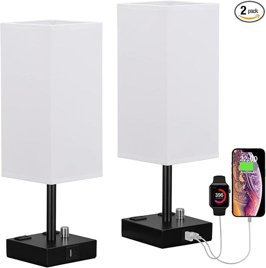 White Fully Dimmable Nightstand Lamps Set of 2 - Table Bedside Lamp with USB C+A Charging Ports & 2 AC Outlets, Square Lamp Sets Linen Fabric Shade for Bedroom Living Room(Bulb Included)