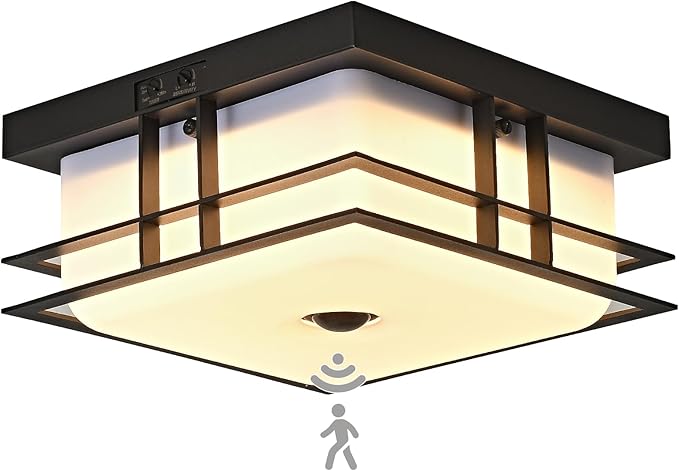 Motion Sensor Outdoor Ceiling Light Industrial Design with Acrylic Shade for Porch,Patio,Balcony,Garage,24W 5CCT LED Porch Ceiling Light