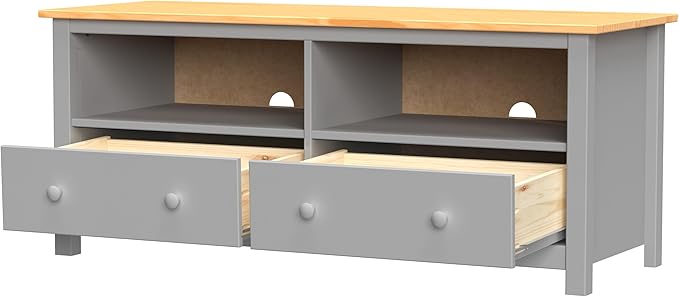 Handcrafted Solid Oak TV Stand Entertainment Center - Elegant Gray/Pine Media Console with Spacious Storage Drawers & Open Shelves - Sturdy Wood Cabinet Fits TVs up to 55 Inches