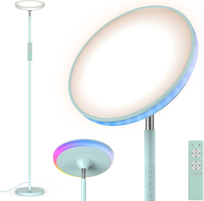 Bright Floor Lamp for Living Room, 42W LED Room Lights with Remote, 3700LM RGBW Modern Tall Standing Light, Color & Brightness Dimmable, UFO Ring Lamp,1/2/3H Timer for Bedroom,Office(Blue