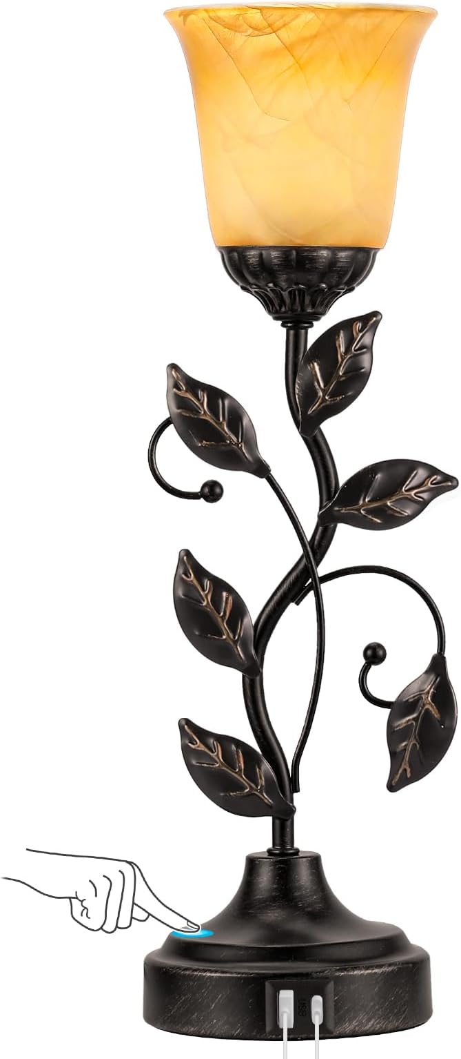 Kakanuo Touch Table Lamp Bedside Lamp Nightst Lamp USB Charging Ports for Living Room 3 Way Dimmable Traditional Leaf Lamp Retro Table Lamp for Bedroom Amber Glass Lampshade LED Bulb Included)