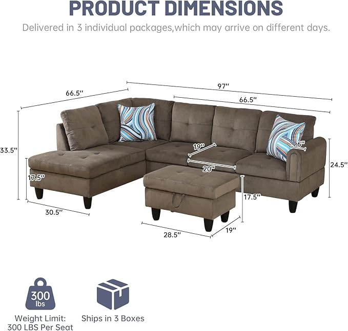 L-Shape 3-Piece Cloud Sofa, Couch for Living Room, Brown Pineapple Velvet Fabric L-Shape with Reversible Chaise & Storage Ottoman, Ergonomic 110–115° Recline, Solid-Wood Frame