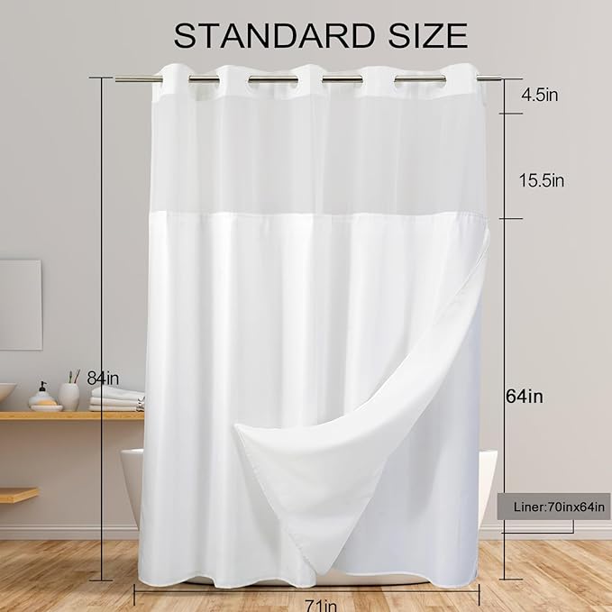 71x84 Inches, No Hook Shower Curtain with Snap in Fabric Liner Set, White Chevron Shower Curtain for Bathroom, Washable and Water Repellent, See Through Mesh Top Window