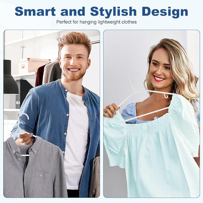 HOUSE DAY White Plastic Hangers 10 Pack, Plastic Clothes Hangers with Built-in Hooks, Durable and Strong Coat Hanger for Closet, Space Saving Clothing Hanger for Shirts, Coats, Skirt, Dress