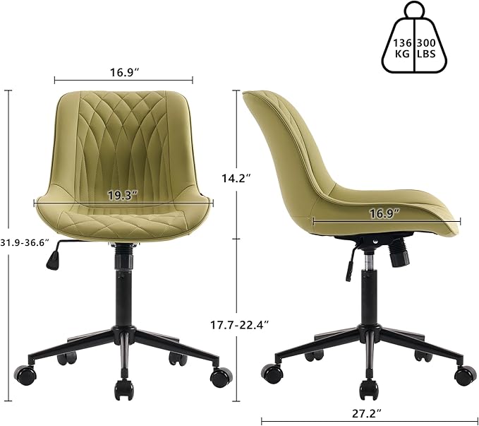 YOUNIKE Home Office Desk Chair with Wheels Comfy Small Modern Vanity Chair with Back Ergonomic Swivel Adjustable Armless Cute Leather Upholstered Rolling Task Chair no Arms Avocado Green
