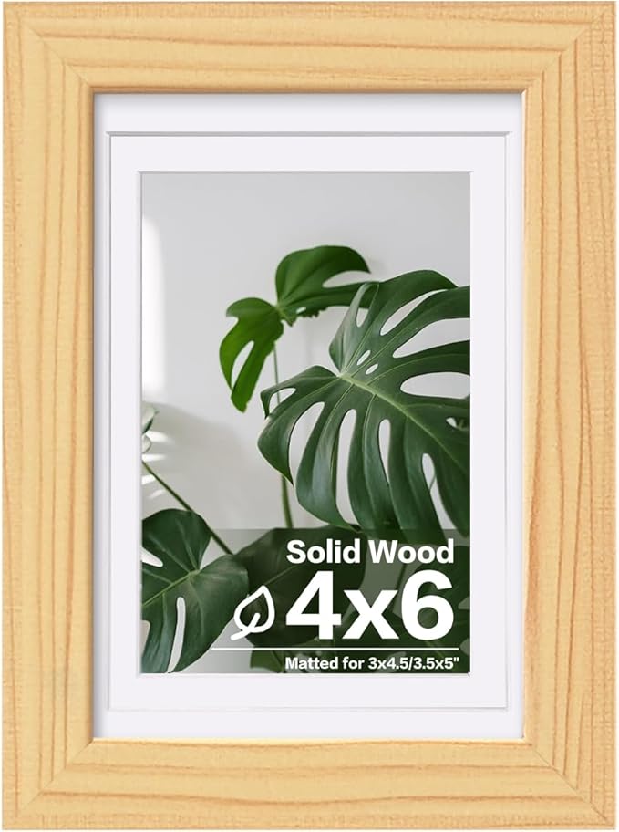 Egofine 4x6 Picture Frame Natural Wood Made of Solid Wood with Plexiglass, Display Pictures 3.5x5 with Mat or 4x6 Without Mat for Tabletop and Wall Mounting