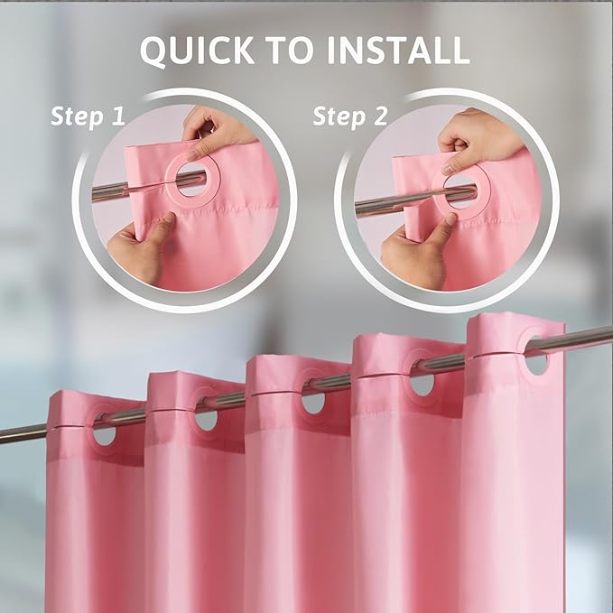 Furlinic No Hook Extra Long Shower Curtain 96 Length,Wahable Fabric Bathroom Curtains with 10 Plastic Built-in Grommets,Hotel Quality Waterproof,Pink,78x96 Inch.