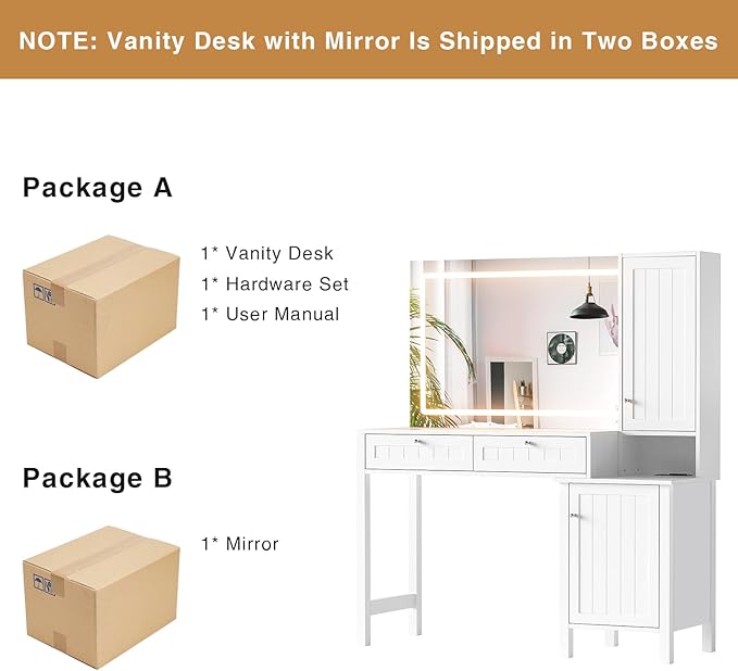 Anmytek Makeup Vanity Desk with Mirror and Lights, Dressing Table with 2 Large Drawer & 2 Storage Cabinet,Vanity Desk with Power Strip, 36" Mirror with 3 Lighting Modes, Suitable for Bedroom, White