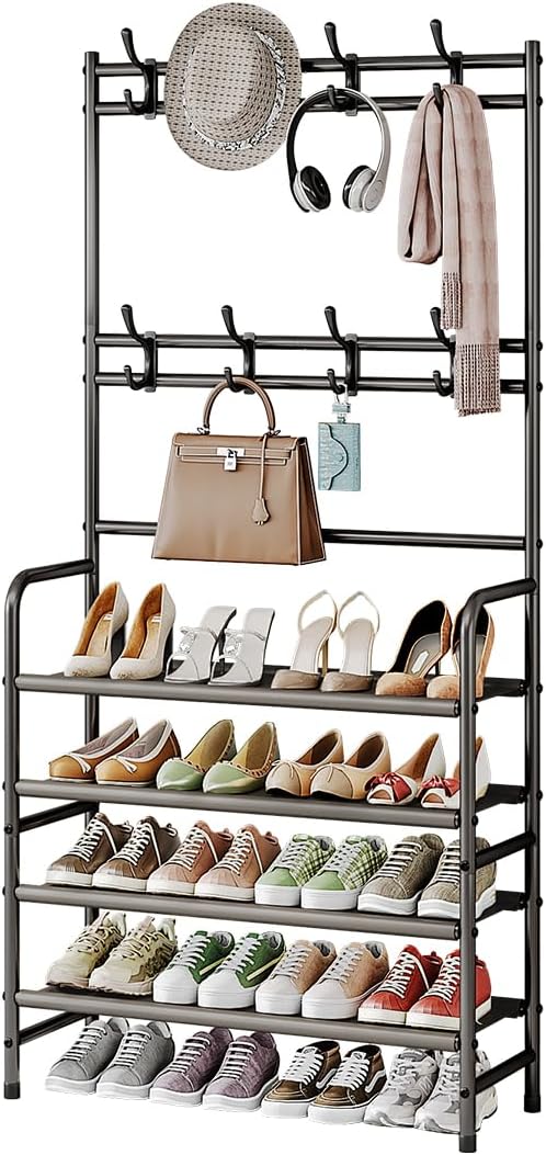 4 Tier Coat and Shoe Rack Entryway Coat Rack with 8 Hooks Shoes Organizer for Living Room Bedroom Office Brown