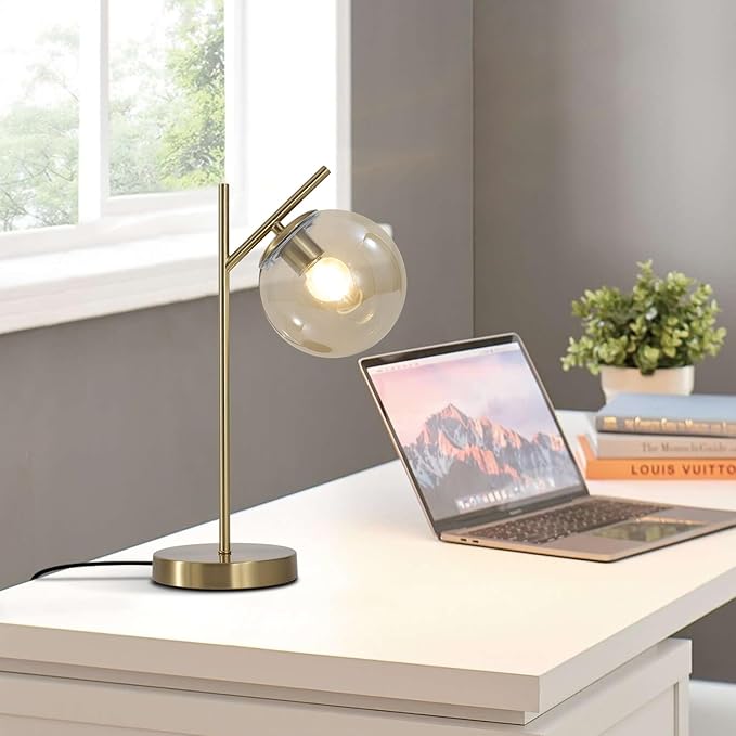 Mid Century Modern Table Lamp Gold Globe Nightstand Lamp with Cognacs Glass lampshade Metal Brass Desk Lamp for Bedroom Living Room Study Room