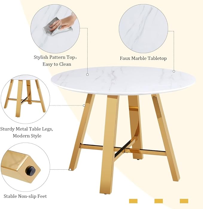 Modern Marble Round Dining Table & Upholstered High Back PU Leather Chairs - 42" Faux Marble Dining Room Set for Kitchen, Office, Cafe & Small Spaces
