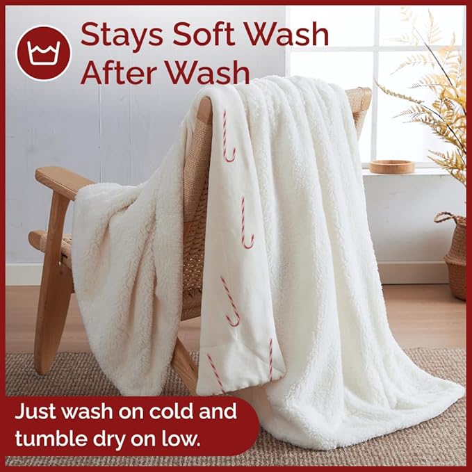 Christmas Sherpa Blanket Throw Size - Reversible Sherpa Fleece Blanket - Super Soft Double Sided Throw for Bed, Sofa, Couch - Thick, Warm, Soft & Plush - Cozy Xmas Winter Bedding - Candy Cane, 50x60