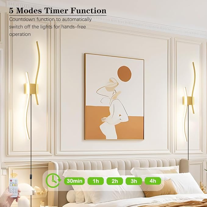 Modern Gold Plug in Wall Sconces Set of 2 - Smart Dimmable LED Wall Lights with Remote, 3CCT Adjustable & Memory Function, Timer Setting - No Wiring Needed for Living Room, Bedroom, Hallway