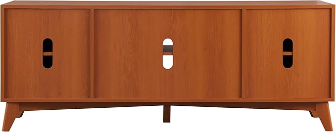 OKD TV Stand for 75+ Inch TV, Mid Century Modern Entertainment Center with Natural Rattan Door, Storage Shelves, Large Boho Media TV Console, Long Television Stand for Living Room, Cherry