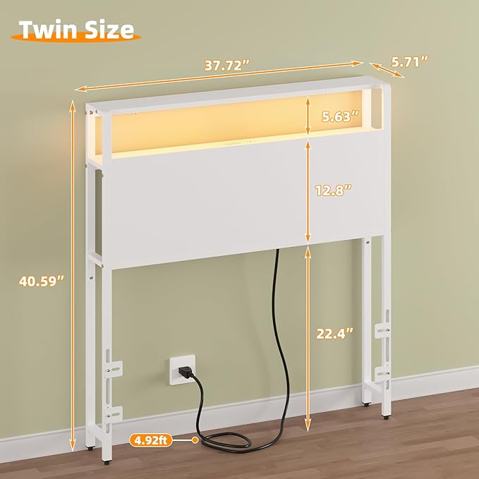 Twin Sized Headboard with 2 Tiers Storage Shelves, Sturdy and Stable Headboard with Charging Station, USB Ports and LED Light for Twin Bed Frames,White