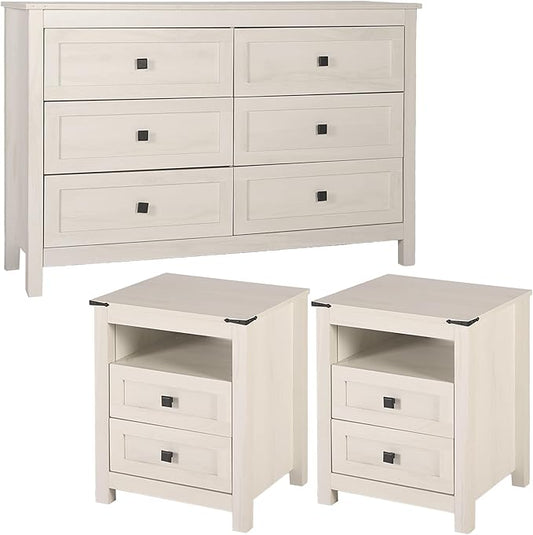 Farmhouse 6 Drawers Dresser with 2pcs Nightstands, Wood Double Dresser Chest of Drawers Wide Storage Organizer Cabinet for Bedroom, Living Room, Rustic Beige