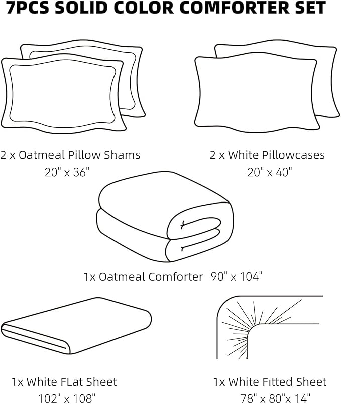 weigelia King Size Comforter Set 7 Pieces Oatmeal Comforter Set King Bed in a Bag Soft Fluffy Bedding Comforter with Sheets, Pillow Shams and Pillowcases for All Season