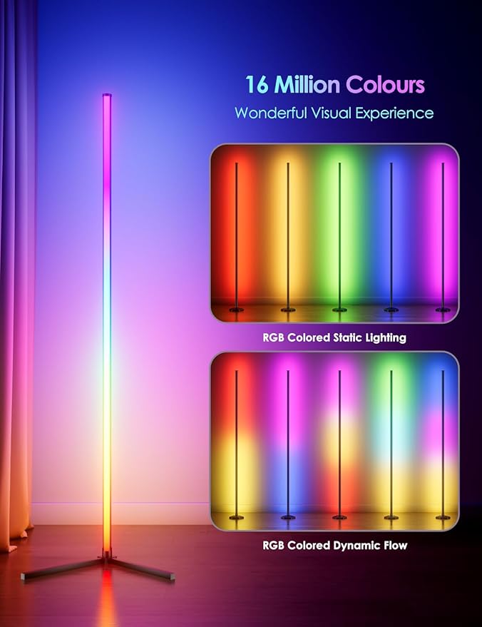 RGB Corner Floor Lamp, 64.5" RGB Color Changing Led Floor Lamp for Living Room APP and Remote Modern Light Bar with Music Sync and 16 Million Colors Dimmable Ambient Lighting for Bedroom