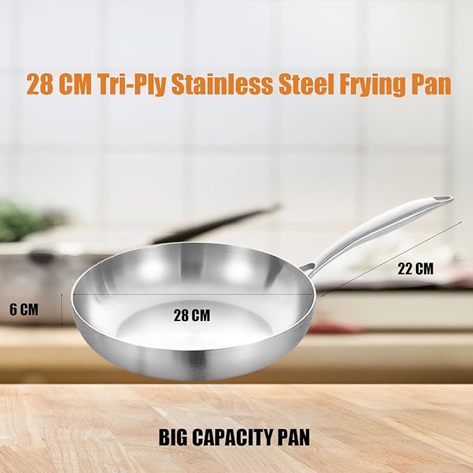 LOLYKITCH 11 Inch Tri-ply Stainless Steel Frying Pan with Lid,Skillet,Induction Cooking Pan,Dishwasher and Oven Safe,Detachable Handle