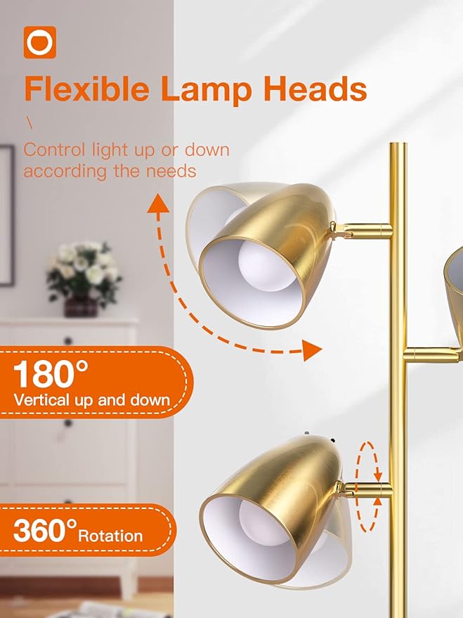 addlon Tree Floor Lamp with 3 Adjustable Rotating Lights and Matching LED Bulbs, Standing Tall Pole Lamps for Living Room, Bedroom, Home, Office - Brass Gold