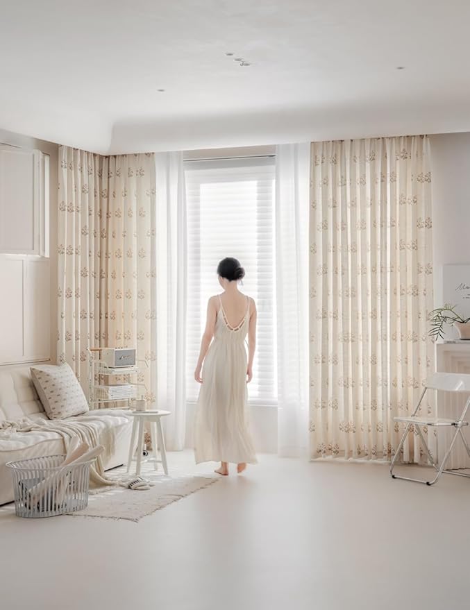 Linen Blend Pinch Pleated Curtains for Living Room, Bedroom, Dining Room - Light Filtering Curtains 2 Panels Set - Luxury and Modern Floral Printed Design - Beige White, 30" W x 84" L