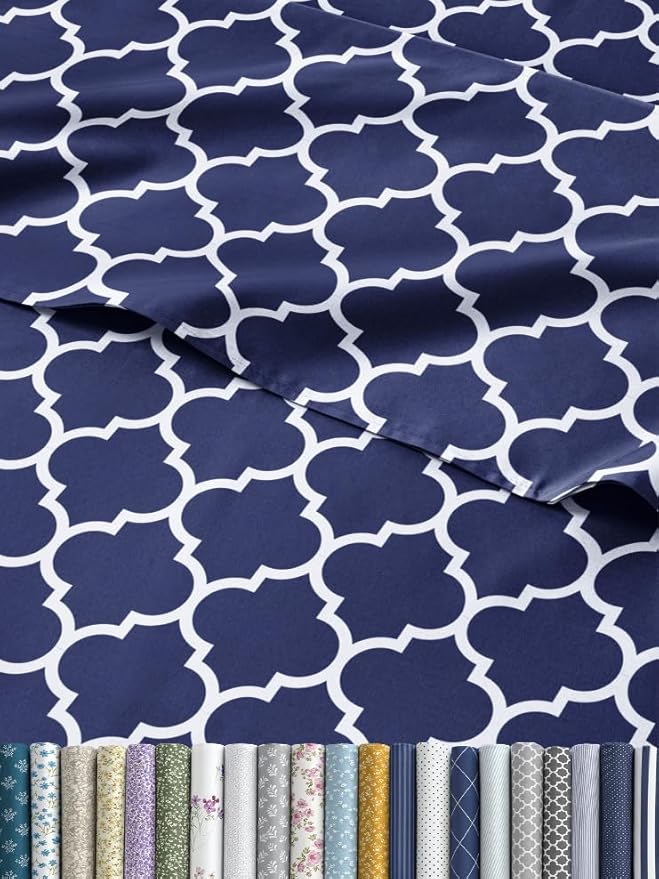Blue Geometric Bed Sheets - 1 Flat & 1 Fitted Sheet & 2 Pillowcases w/ Deep Pockets – Wrinkle & Fade Free- Ultra-Soft, Breathable and Cooling - Luxury Moroccan Bed Set – Queen Size - Navy Quatrefoil