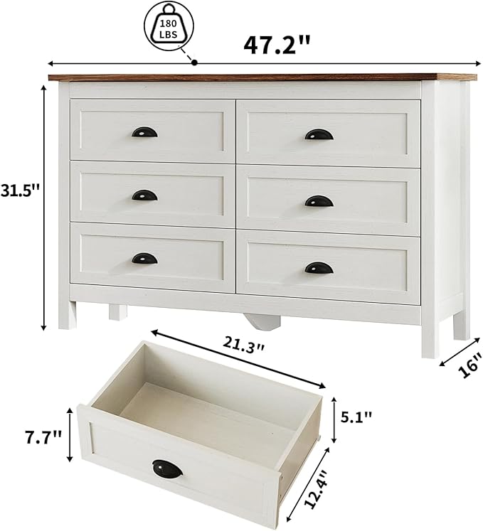 White Dresser for Bedroom, Farmhouse 6 Drawers Dresser, Wide Chest of Drawers with Metal Handles, Modern Wood Double Chest Storage Cabinet for Living Room, Bedroom, Hallway