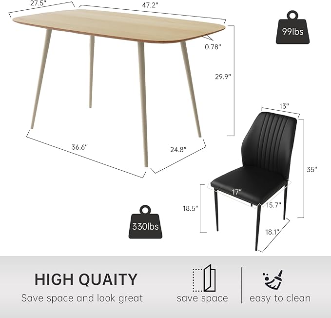 47.2'' Modern Solid Wood Dining Table Set for 4 with Scratch-Resistant Surface & 4 Black Leather Chairs - Cat-Friendly Kitchen Dining Room Furniture Set