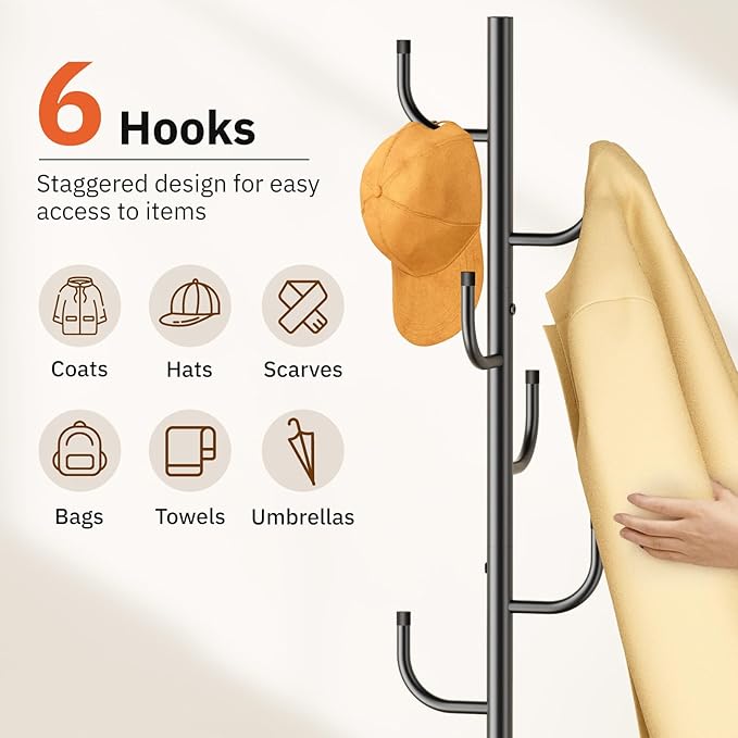 MISSLO Heavy Duty Coat Rack Freestanding 4 Adjustable Size Coat Tree with Stable Wood Base Coat Hanger Stand with 6 Hooks Standing Clothes Tree for Bedroom, Black