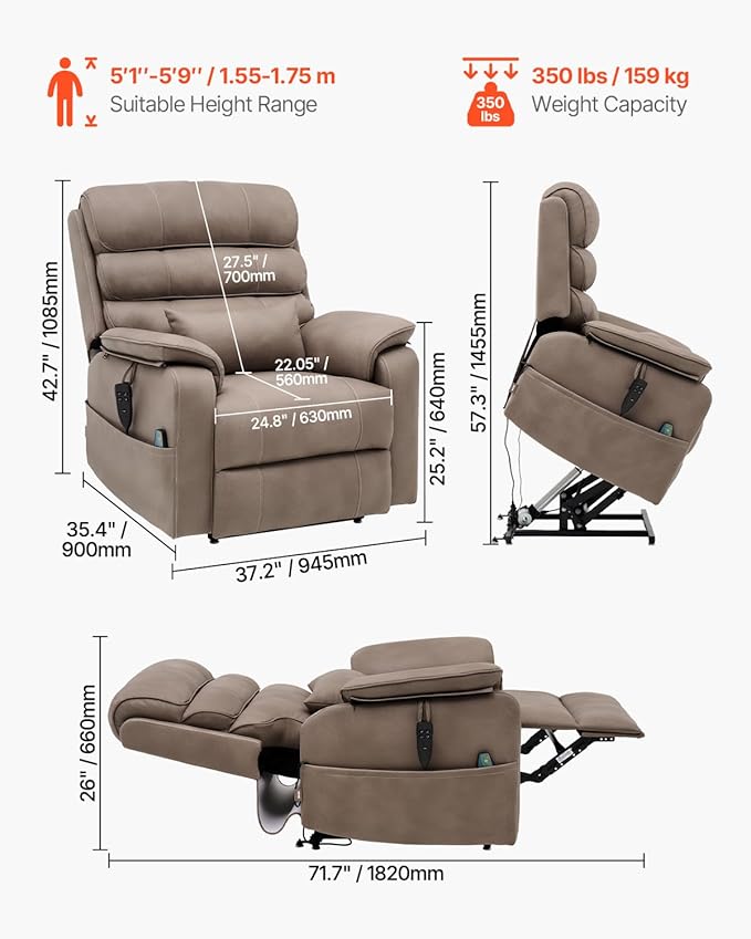 VEVOR Power Lift Recliner Chair, Dual Motor Lift Chair with Heat and Massage for Elderly, Infinite Position Adjustment Electric Recliner with a Cup Holder (Medium-Wide, Light Brown)
