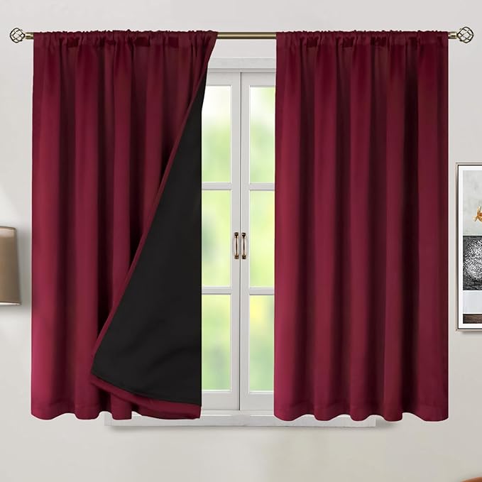 BGment Red Blackout Curtains 45 Inches Long with Thermal Insulation Liner, Christmas Blackout Curtains Rod Pocket Back Tab Room Darkening Window Curtain for Bedroom(52 x 45 Inch, 2 Panels, Burgundy)