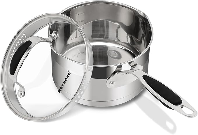 Rorence 2.5 QT Stainless Steel Saucepan, Sauce Pan with Silicone Coated Handles and Pout Spouts, Induction Small Cooking Pot with Clear Transparent Tempered Glass Lid for All Stoves, Dishwasher Safe