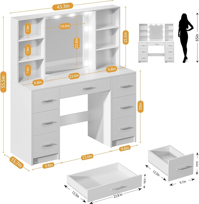 Makeup Vanity Desk with Mirror,10 Lights and Power Strip,Large Makeup Vanity with Shelves and 7 Drawers, Vanity Desk Dressing Table with 3 Color Adjustable Light,Vanity Table (White)