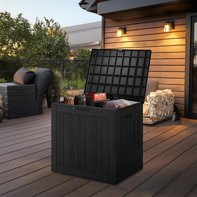 37 Gallon Outdoor Deck Box,Storage Lockable Waterproof Patio Furniture,Garden Tools,Cushions,Pool Accessories Outside Storage Resin Box(Black)
