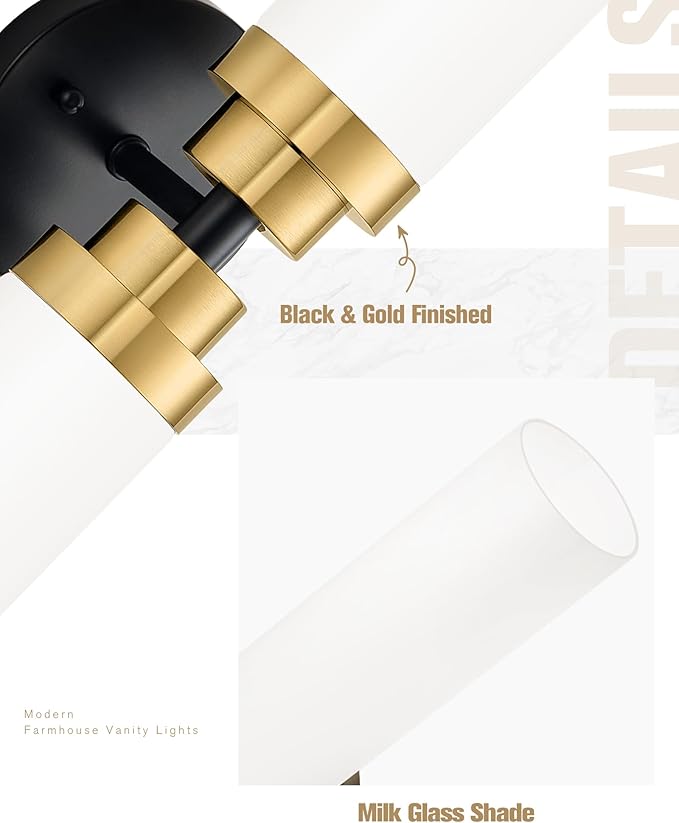 Emak Modern 22 Inch Bathroom Light Fixtures Over Mirror, Black Gold Vanity Lights with Milk Glass Shade, 2-Light Wall Sconce for Bathroom, Bedroom, Hallway, VL085-BKBGD-ML-2