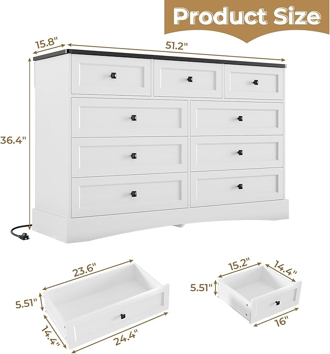 Hasuit Dresser for Bedroom with 9 Drawers, 51.2" Large Dresser with Charging Station, Wide Farmhouse Dresser Chest of Drawers, Wooden Storage Tower Organizer, Dresser for Bedroom Closet, White/Black