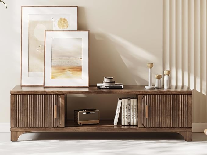 Mid Century Modern TV Stands for 55/60/65 Inch TV Boho Media Console for Living Room Fluted TV Entertainment Center with Storage Wood Television Cabinet for Bedroom