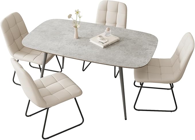 47.2'' Dining Table Set for 4,Modern Wood Dining Table,Leather Dining Chairs 4,Table and Chairs Set of 4,Ideal for Kitchen Dining Room (Gray Table + 4 U-Shaped White Chairs, 47.2")