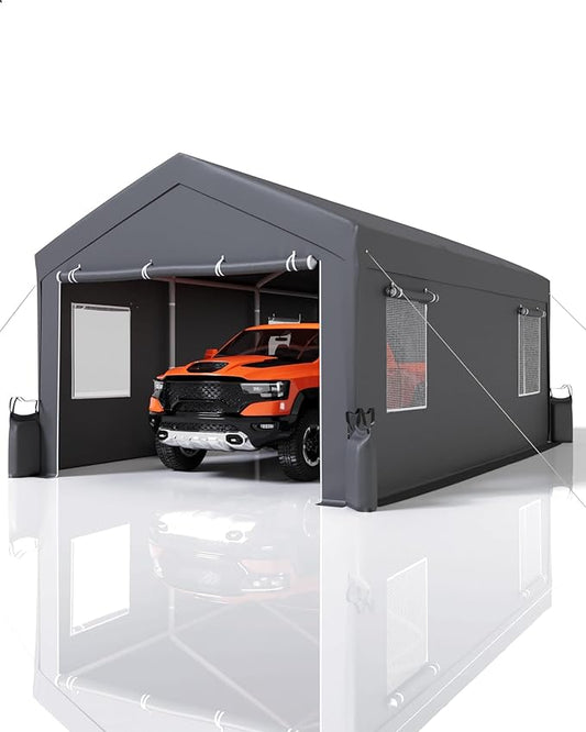 10X20 Ft Carport, Portable Carport with 4 Roll-Up Windows,Doors,Car Port with 200g PE Tarp for Car Boat Truck Motorcycle, Waterproof & UV Protected, Anti-Snow Portable Garage Kit Tent